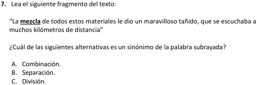 Pregunta 7 del examen de Lenguaje y Comunicación (Nivel Básico 1), con sus alternativas