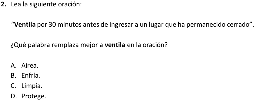 Pregunta 2 del examen de Lenguaje y Comunicación (Nivel Básico 2), con sus alternativas