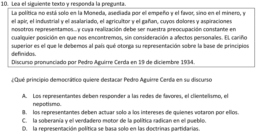 Pregunta 10 del examen de Historia, Geografía y Sociales (Nivel Básico 2), con sus alternativas