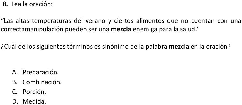 Pregunta 8 del examen de Lengua Castellana y Comunicación (Tercer Nivel), con sus alternativas