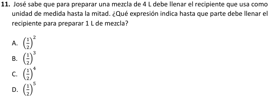 Pregunta 11 del examen de Educación Matemática (Nivel Medio 1), con sus alternativas