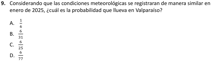 Pregunta 9 del examen de Educación Matemática (Nivel Medio 1), con sus alternativas