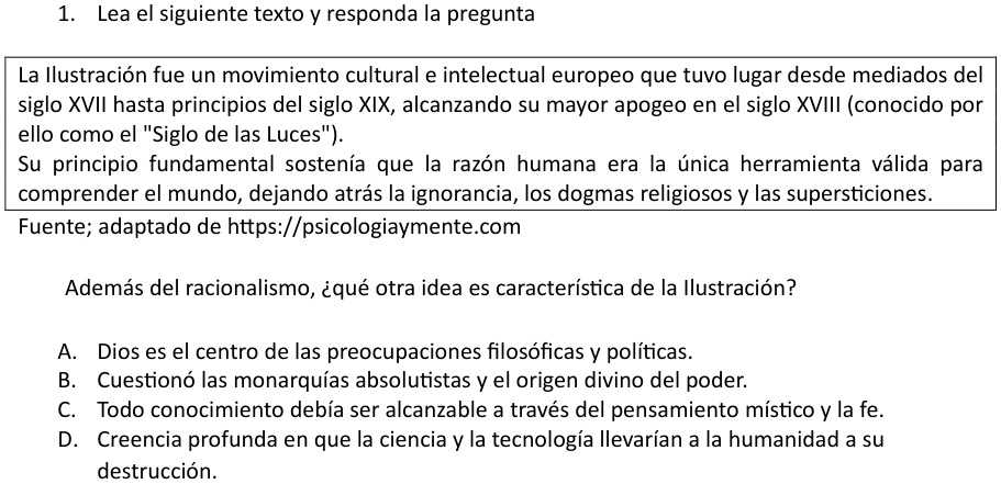 Pregunta 1 del examen de Historia, Geografía y Ciencias Sociales (Nivel Medio 1), con sus alternativas