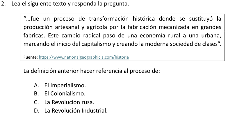 Pregunta 2 del examen de Historia, Geografía y Ciencias Sociales (Nivel Medio 1), con sus alternativas