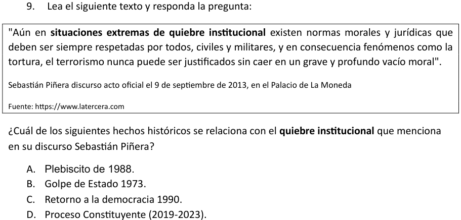 Pregunta 9 del examen de Historia, Geografía y Ciencias Sociales (Nivel Medio 1), con sus alternativas
