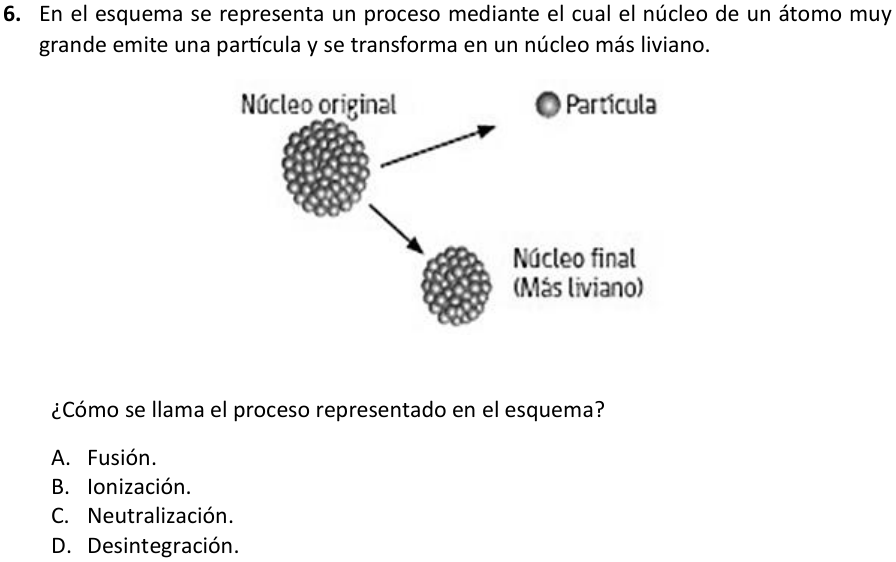 Pregunta 6 del examen de Ciencias Naturales (Segundo Nivel Medio), con sus alternativas