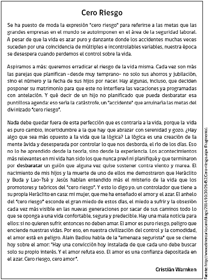 Texto o figura de apoyo para las preguntas 1 a 4 del examen de Lengua Castellana y Comunicación (Segundo Nivel Medio)