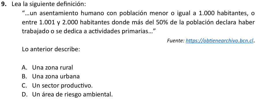 Pregunta 9 del examen de Estudios Sociales (Segundo Nivel Medio), con sus alternativas